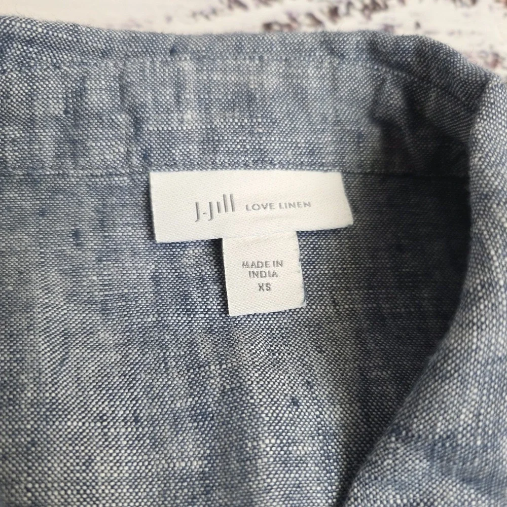 J Jill Love‎ Linen Womens XS Chambray Pocket Tie Linen Collared Button Coat Blue